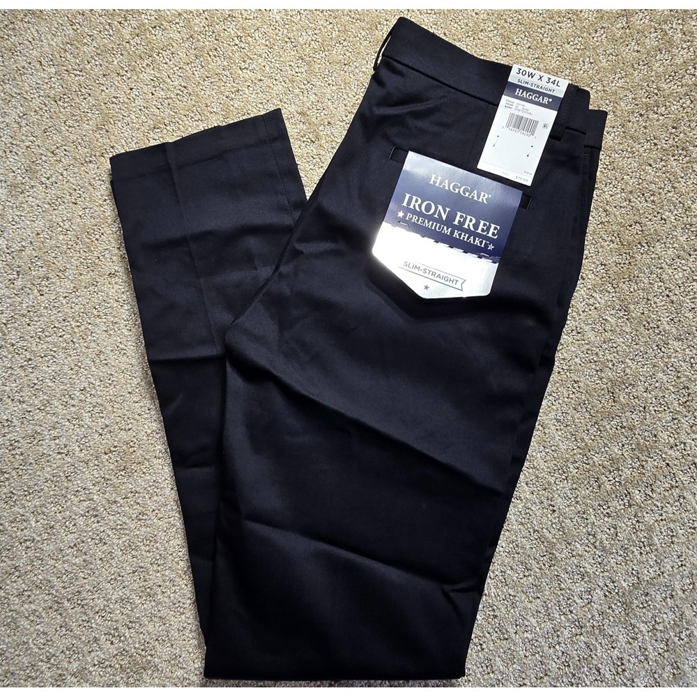 Haggar Mens 30x34 Iron Free Premium Khaki Pants Slim Straight Fit Black NWT Twil